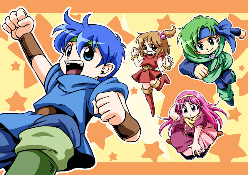 2boys 2girls aine_(hoshi_wo_miru_hito) anime_coloring aqua_eyes arm_behind_head arm_up asymmetrical_hair baggy_pants bare_arms belt belt_buckle black_pantyhose blue_eyes blue_hair blue_headband blue_pants blue_scarf blue_shirt blue_shoes blue_tunic boots border bracelet bracer brown_belt brown_eyes brown_hair brown_shoes buckle buttons chibi circlet clenched_hands commentary_request dress feet_out_of_frame floating_hair full_body fuyuzato_seia gold_bracelet gold_buckle green_boots green_hair green_headband green_leg_warmers green_pants green_tunic hair_between_eyes hair_bobbles hair_ornament hairband hand_on_lap happy headband hoshi_wo_miru_hito jewelry kneeling leg_warmers letterboxed long_hair long_sleeves medium_dress minami_(hoshi_wo_miru_hito) misa_(hoshi_wo_miru_hito) multiple_boys multiple_girls one_side_up open_mouth orange_border outline outside_border pants pantyhose pink_dress pink_hair pleated_dress puffy_short_sleeves puffy_sleeves purple_eyes red_boots red_dress scarf shiba_(hoshi_wo_miru_hito) shirt shoes short_dress short_hair short_sleeves smile star_(symbol) star_symbol_background surprised tareme teeth thigh_boots tunic turtleneck turtleneck_dress upper_teeth_only very_long_hair white_outline wide-eyed yellow_background yellow_hairband yellow_scarf