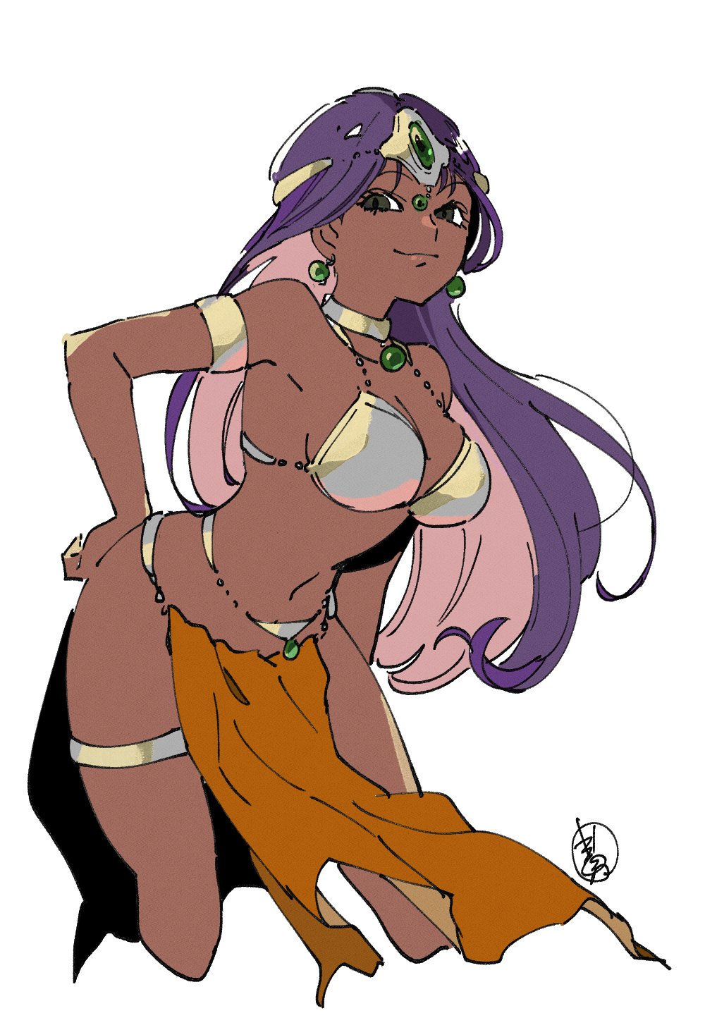 1girl armlet armor bikini_armor breasts brown_eyes circlet cleavage cropped_legs dark-skinned_female dark_skin dragon_quest dragon_quest_iv earrings forehead_jewel gem green_gemstone hand_on_own_hip highres jewelry konakawa large_breasts leaning_forward loincloth long_hair looking_at_viewer manya_(dq4) metal_bikini metal_bra navel neck_ring orange_loincloth pelvic_curtain purple_hair smile solo sphere_earrings thighlet
