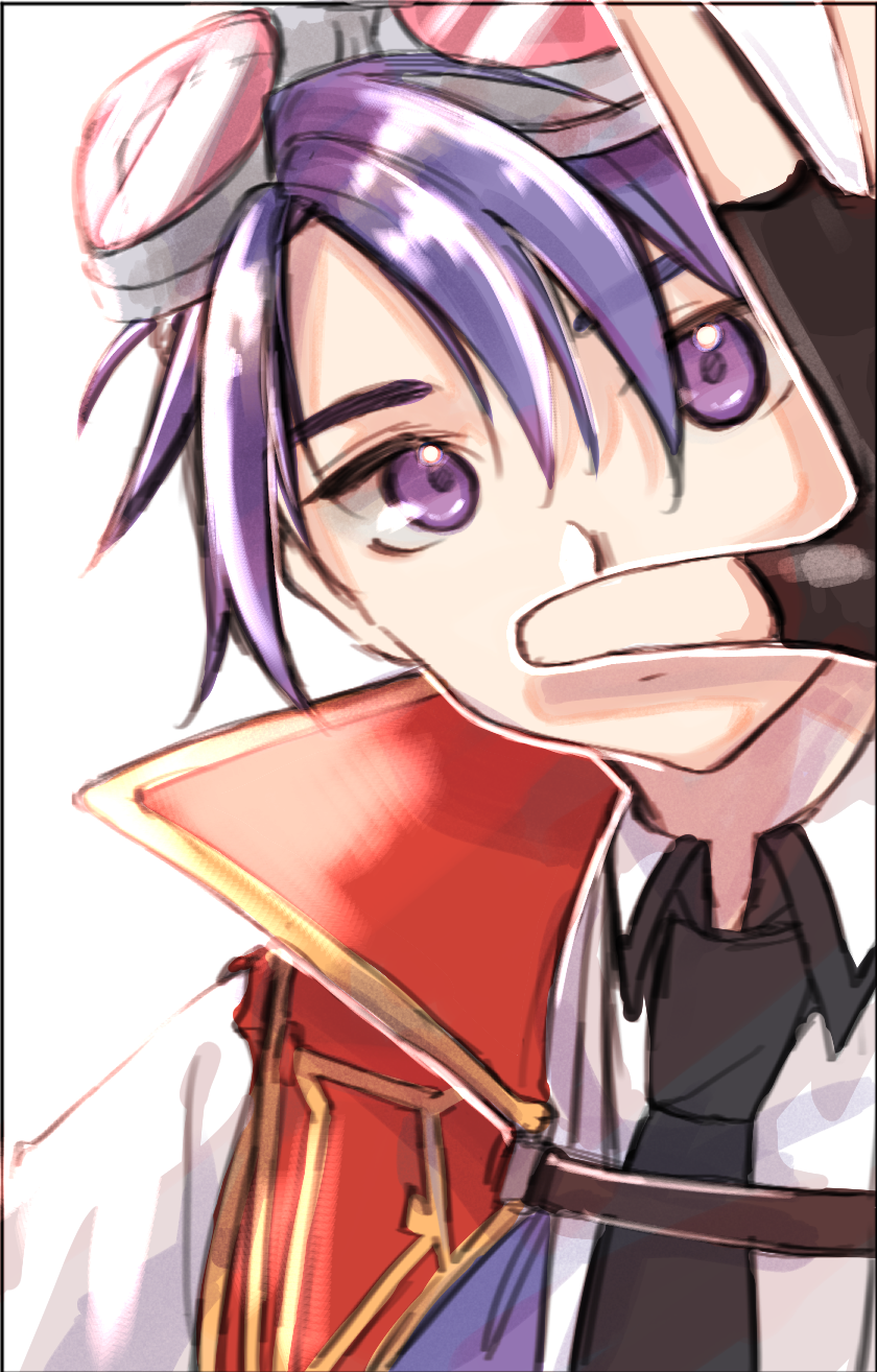 1boy biolo_(ragnarok_online) black_gloves black_necktie closed_mouth coat collared_shirt commentary_request expressionless fingerless_gloves gloves goggles goggles_on_head hair_between_eyes highres looking_at_viewer male_focus necktie ragnarok_online red_coat shirt short_hair simple_background solo takana_rito upper_body white_background white_shirt