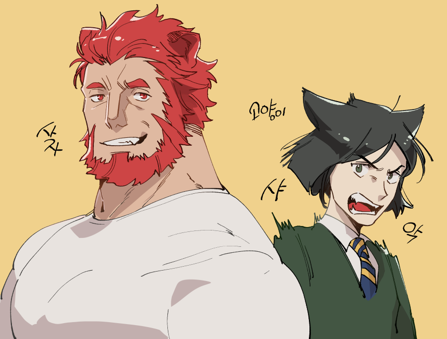 2boys animal_ears beard black_eyes black_hair cat_ears facial_hair fate/zero fate_(series) green_sweater grin halorane iskandar_(fate) kemonomimi_mode male_focus multiple_boys muscular muscular_male necktie open_mouth red_hair simple_background smile striped_necktie sweater waver_velvet yellow_background
