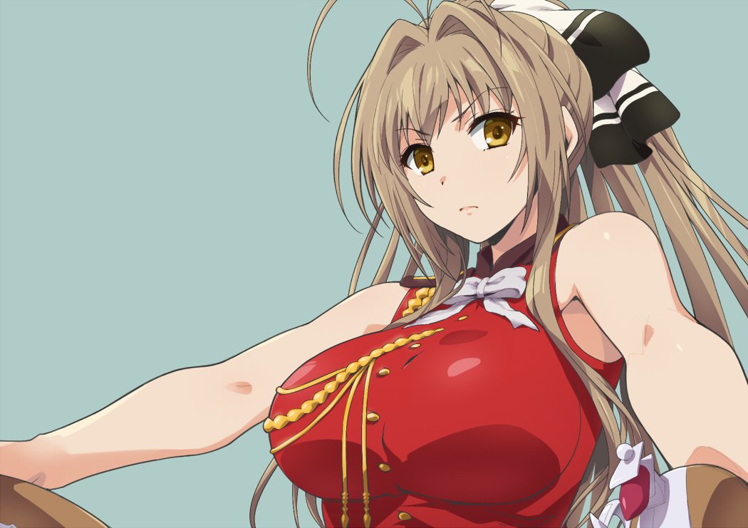 1girl amagi_brilliant_park bare_arms bare_shoulders bow bowtie breasts brown_hair buttons closed_mouth commentary_request green_background hair_ribbon hairu large_breasts long_hair looking_at_viewer red_shirt ribbon sento_isuzu shirt simple_background sleeveless sleeveless_shirt solo upper_body white_bow white_bowtie white_ribbon yellow_eyes