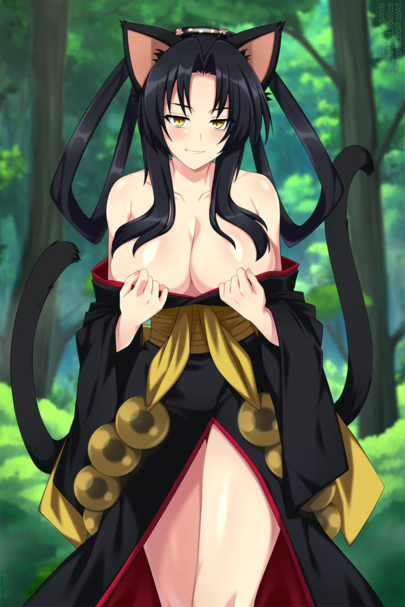 1girl animal_ear_fluff animal_ears bare_shoulders black_hair black_kimono blurry blurry_background blush breasts cat_ears cat_girl cat_tail cleavage closed_mouth collarbone commentary curtained_hair day english_commentary female_focus forest grin hair_rings high_school_dxd highres japanese_clothes kimono kuroka_(high_school_dxd) large_breasts lindaroze long_hair long_sleeves looking_at_viewer multiple_tails nature no_bra obi outdoors parted_bangs sash slit_pupils smile standing tail thigh_gap thighs two_tails wide_sleeves yellow_eyes