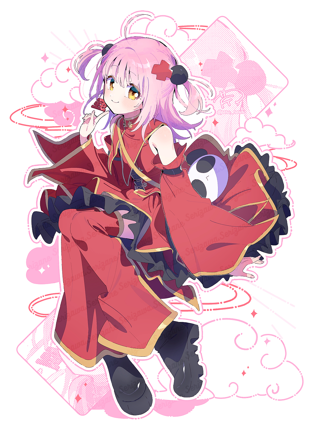 1girl ahoge alternate_costume arm_belt bag belt belt_buckle black_belt black_boots boots buckle capelet circle_skirt close-up closed_mouth collared_capelet commentary_request detached_leggings detached_sleeves diamond_(shape) dot_nose dress earrings eyelashes fingerless_gloves frilled_dress frills full_body gloves hair_intakes hair_ornament halftone happy high_collar highres hinamori_amu invisible_chair jewelry kanji_earrings leggings light_blush long_hair long_sleeves medium_dress outline panda_bag paru_rari pink_hair pleated_dress pom_pom_(clothes) pom_pom_hair_ornament red_capelet red_dress red_leggings red_sleeves shoulder_bag shugo_chara! signature single_earring sitting sleeveless sleeveless_dress smile solo sparkle tareme twitter_username two_side_up white_background white_outline wide_sleeves x_hair_ornament xiangyun yellow_eyes