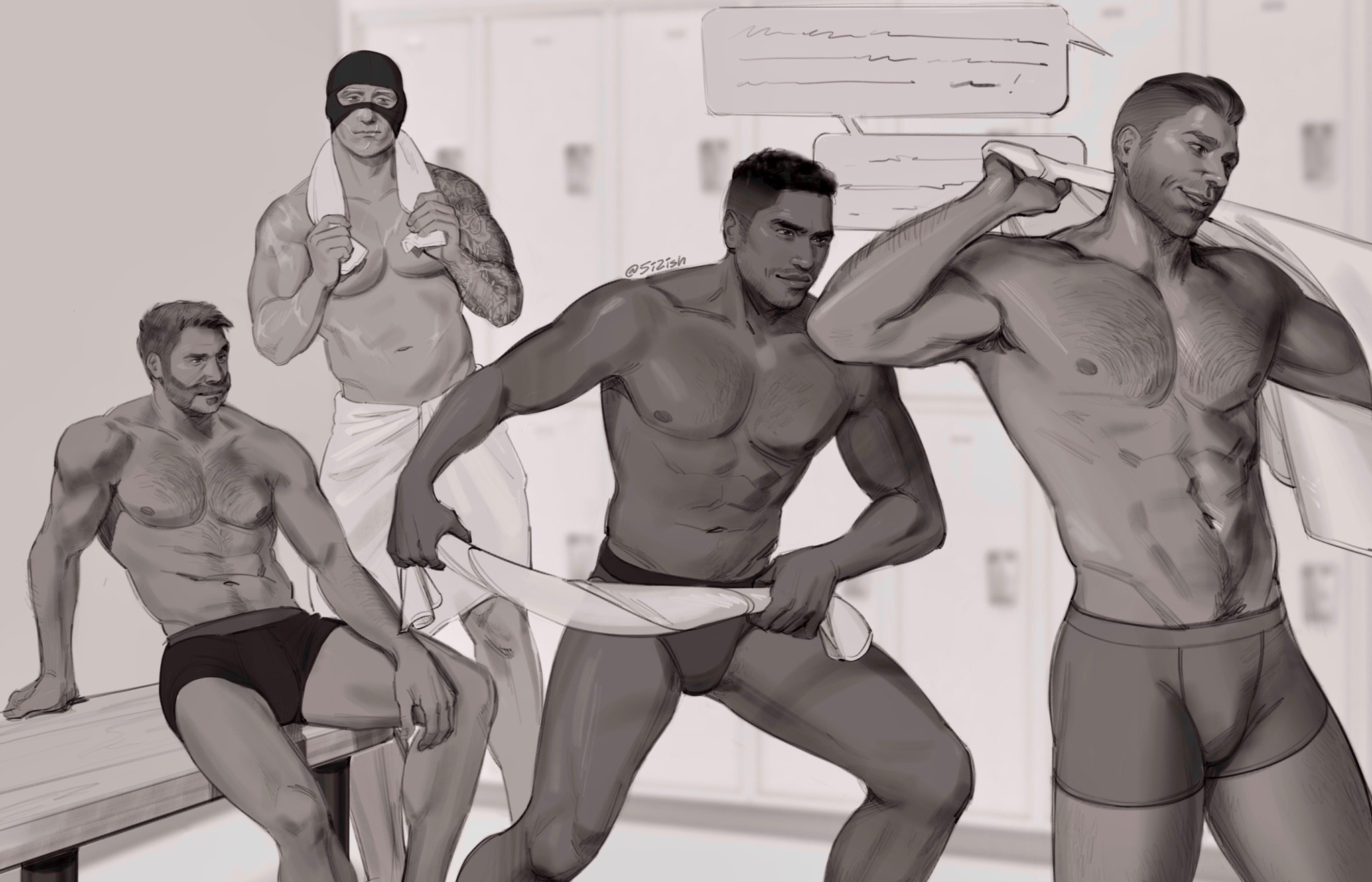 4boys 5i2 abs arm_tattoo bara beard call_of_duty call_of_duty:_modern_warfare_2 captain_price closed_mouth dark-skinned_male dark_skin facial_hair gaz_(call_of_duty_4) ghost_(modern_warfare_2) highres holding holding_towel large_pectorals looking_at_another male_focus male_underwear mature_male multiple_boys muscular muscular_male navel nipples pectorals short_hair sitting smile soap_(modern_warfare_2) tattoo towel towel_around_waist twitter_username underwear