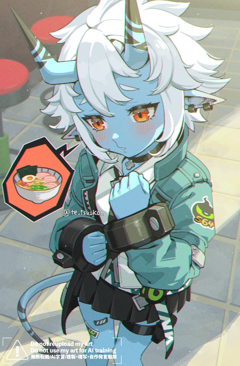 1girl bar_stool black_choker black_necktie blue_oni blue_skin blush choker collared_shirt colored_skin commentary_request cropped_jacket ear_blush ear_piercing embarrassed food from_above green_jacket hair_between_horns hand_up highres horns jacket medium_hair miniskirt multicolored_horns necktie noodles oni open_clothes open_jacket piercing pleated_skirt pointy_ears pouch print_jacket ramen red_eyes shirt shy skin-covered_horns skin-covered_tail skirt solo soukaku_(zenless_zone_zero) spoken_food stone_floor stool tetsukuzu_tetsuko thigh_pouch twitter_username two-tone_horns two-tone_tail watermark white_hair white_shirt wrist_cuffs zenless_zone_zero