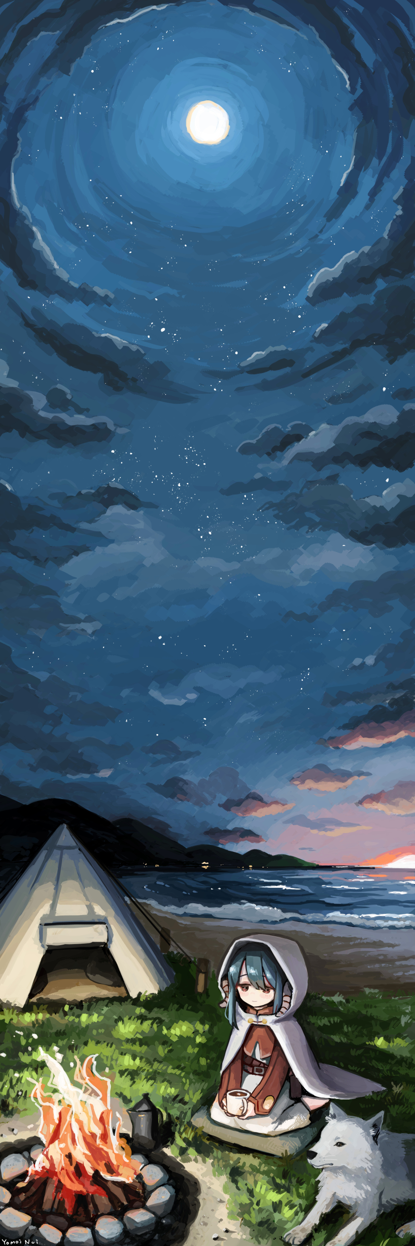 1girl absurdres animal black_hair campfire camping cloak coffee coffee_pot dog fantasy fire grass highres hood hooded_cloak moon ocean original scenery sitting sky star_(sky) starry_sky sunset teepee tent twilight wariza yomoi_nui