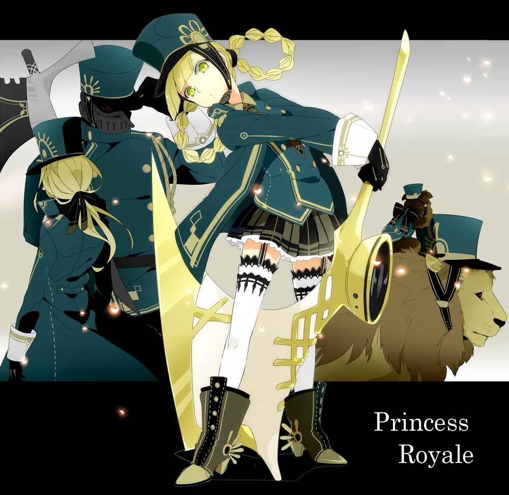 1girl al_(arupaka) black_gloves blonde_hair boots cowardly_lion dorothy_gale garter_straps gloves hat original ponytail princess_royale scarecrow_(the_wizard_of_oz) scythe the_wizard_of_oz thighhighs tin_man_(the_wizard_of_oz) toto_(the_wizard_of_oz) white_thighhighs yellow_eyes