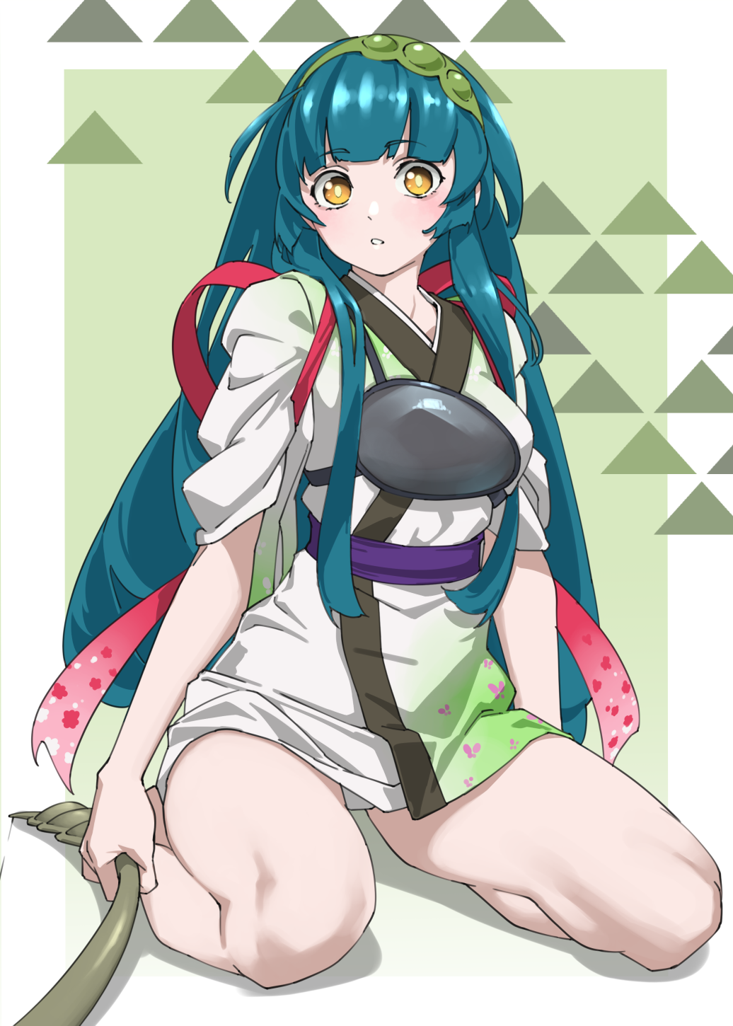 1girl commentary_request green_hair green_hairband hairband highres holding japanese_clothes kimono long_hair looking_at_viewer multiple_girls muneate panties purple_sash sash short_kimono short_yukata simple_background sitting socks solo solo_focus tabi tanabe_(fueisei) tasuki touhoku_zunko underwear voiceroid voicevox wariza white_kimono white_panties white_socks yellow_eyes yukata