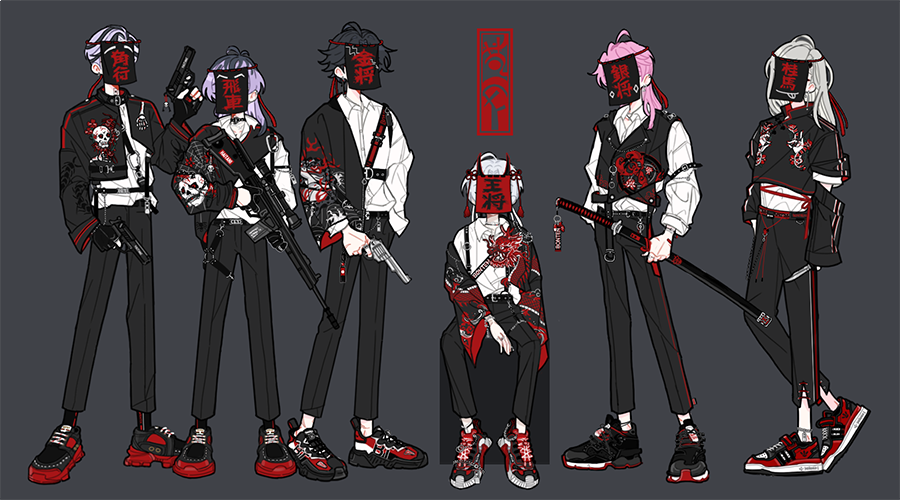 6+boys a1syeo between_legs black_footwear black_hair black_pants eye_mask grey_background gun haitani_ran haitani_rindou hand_between_legs hand_in_pocket holding holding_gun holding_knife holding_sword holding_weapon kakuchou katana knife kokonoi_hajime long_hair long_sleeves multicolored_hair multiple_boys pants pink_hair purple_hair red_footwear sano_manjirou sanzu_haruchiyo shirt short_hair sitting standing sword tokyo_revengers weapon white_hair white_shirt