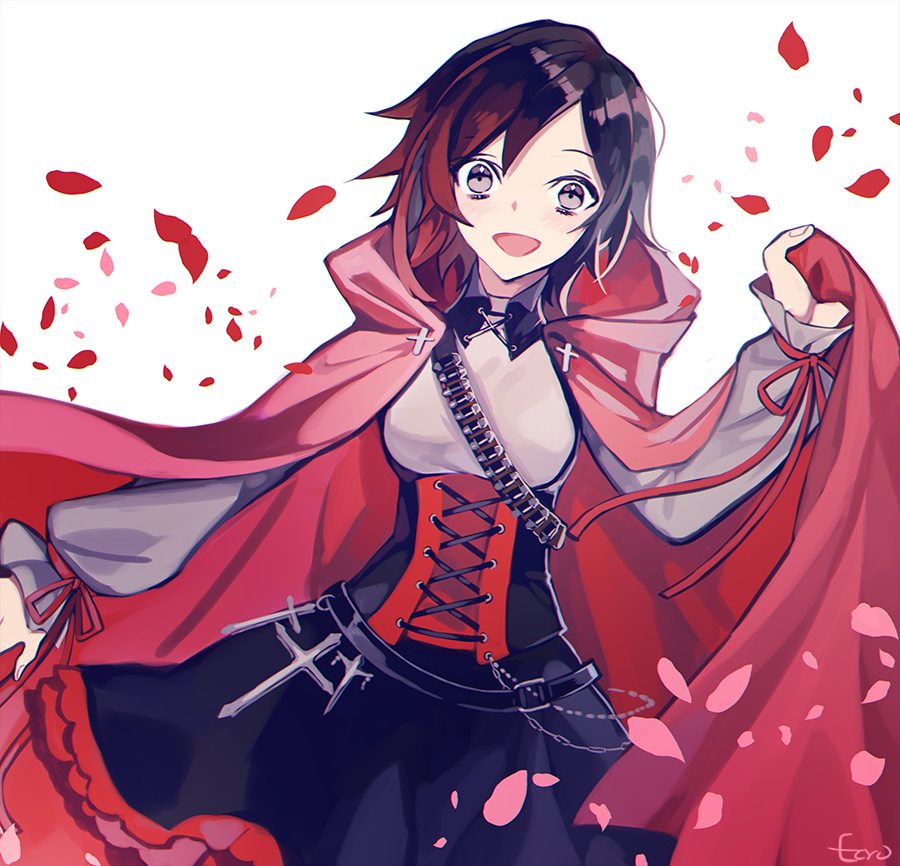 1girl :d belt black_belt black_hair black_skirt bustier cape cowboy_shot ecru female_focus frilled_skirt frills gradient_hair grey_eyes grey_shirt hair_between_eyes hood hood_down hooded long_sleeves looking_at_viewer miniskirt multicolored_hair open_mouth petals red_cape red_hair red_ribbon ribbon ribbon-trimmed_sleeves ribbon_trim ruby_rose rwby shirt short_hair simple_background skirt smile solo standing white_background