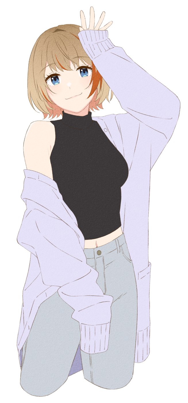 1girl akitetsu black_shirt blue_eyes blush breasts closed_mouth cowboy_shot cropped_legs grey_pants grey_shirt hand_up highres light_brown_hair looking_at_viewer medium_breasts midriff multicolored_hair nanashi_inc. navel official_alternate_costume orange_hair pants shirt shirt_partially_removed short_hair simple_background sleeveless sleeveless_shirt smile solo touri_sei touri_sei_(2nd_costume) turtleneck turtleneck_shirt two-tone_hair virtual_youtuber white_background