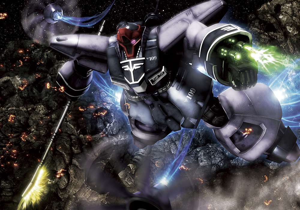 3d aiming arm_cannon asteroid battle beam_axe bonyama color_variation commentary_request debris derivative_work dreissen dual_arm_cannons emblem firing gundam gundam_ace gundam_unicorn machinery mecha mecha_focus mobile_suit neo_zeon one-eyed photo_background propeller realistic robot science_fiction space star_(symbol) star_symbol_background thrusters vernier_thrusters weapon