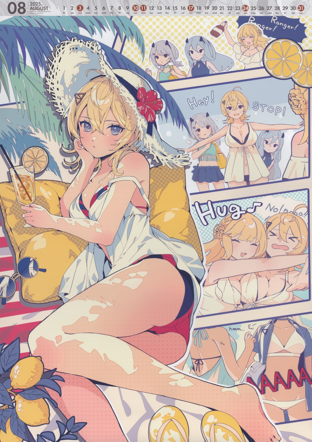 august bad_link bikini bikini_under_clothes blonde_hair blue_eyes calendar_(medium) dress feet_out_of_frame food fruit hair_ornament hairclip hat highres hoshiakari_(c2_kikan) hug i-201_(kancolle) i-203_(kancolle) kantai_collection lemon lemon_slice lying medium_hair official_art on_side ranger_(kancolle) red_bikini summer sun_hat swimsuit tuscaloosa_(kancolle) white_dress white_hat