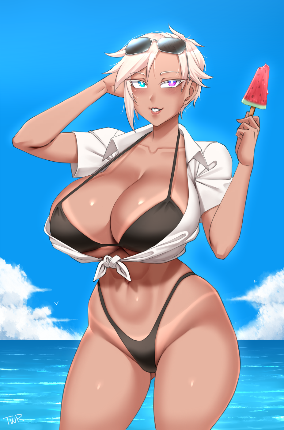 1girl abs arm_behind_head ayra_(taiyudraws) bikini bikini_tan black_bikini blonde_hair blue_eyes blue_sky borrowed_character breasts cleavage cloud collarbone commentary cowboy_shot day english_commentary eyewear_on_head food gluteal_fold hand_up heterochromia highleg highleg_bikini highres huge_breasts linea_alba navel original outdoors parted_lips popsicle purple_eyes shirt short_hair short_sleeves signature sky smile solo string_bikini sunglasses swimsuit tan tanline tied_shirt toned toned_female twrlare water watermelon_bar white_shirt wing_collar