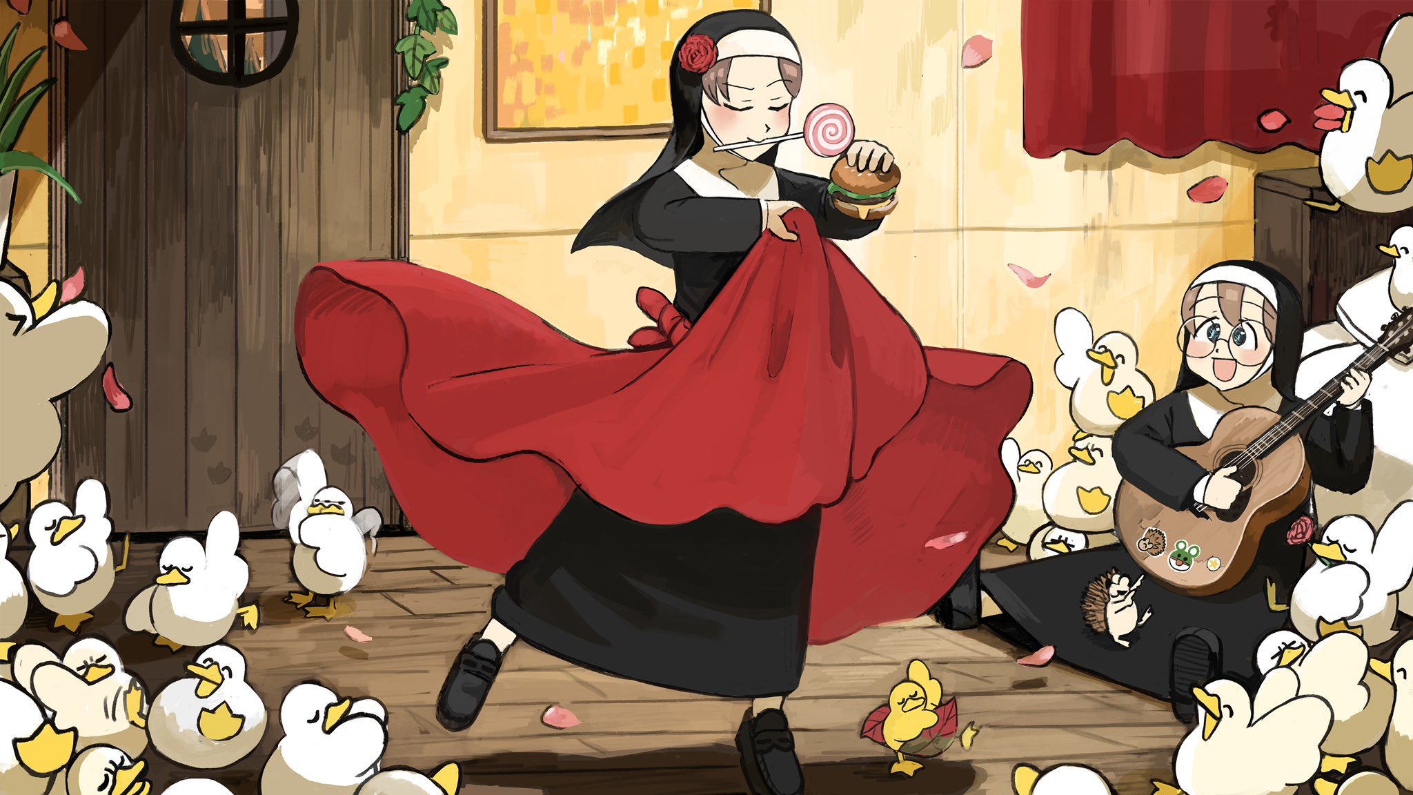 >_< 2girls :d ^_^ bed bird black_footwear blue_eyes brown_hair burger candy chicken closed_eyes commentary curtains dancing diva_(hyxpk) door duck duckling english_commentary flamenco flower food glasses glasses_nun_(diva) guitar habit hair_flower hair_ornament hanging_plant hedgehog highres holding holding_food holding_instrument hungry_nun_(diva) instrument leaf little_nuns_(diva) loafers lollipop mouth_hold multiple_girls music nun open_mouth painting_(object) petals picture_frame pillow plant playing_instrument potted_plant red_hair rose rose_petals shoes silhouette slice_of_life smile swirl_lollipop traditional_nun u_u