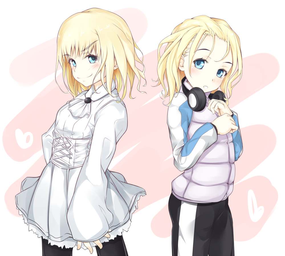 2girls black_pants blonde_hair blue_eyes blush child closed_mouth collared_vest commentary_request cowboy_shot dot_nose dress frilled_dress frills hand_on_own_hip hands_up head_tilt headphones headphones_around_neck heart jacket leivinia_birdway light_blush long_sleeves looking_at_viewer medium_eyebrows medium_hair multiple_girls pants parted_lips partial_commentary patricia_birdway shin_(highest1192) short_dress siblings sisters sleeves_past_wrists smile spandex standing toaru_majutsu_no_index toaru_majutsu_no_index:_new_testament track_jacket track_pants track_suit vest white_dress white_vest