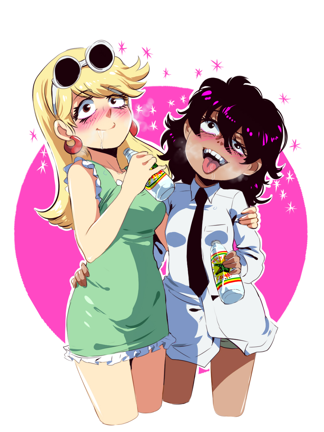 2girls alcohol arm_around_shoulder arm_around_waist bare_arms bare_shoulders black_hair black_necktie blonde_hair blush bottle breasts character_request collared_shirt copyright_request cowboy_shot cropped_legs dress dress_shirt drooling drunk earrings eyelashes eyewear_on_head facing_viewer female_focus green_dress highres holding holding_bottle jcm2 jewelry leni_loud looking_at_viewer multiple_girls necktie outline pink_background round_eyewear shirt short_dress simple_background sleeveless sleeveless_dress small_breasts sparkle standing sunglasses_on_head the_loud_house tongue tongue_out two-tone_background white-framed_eyewear white_background white_outline