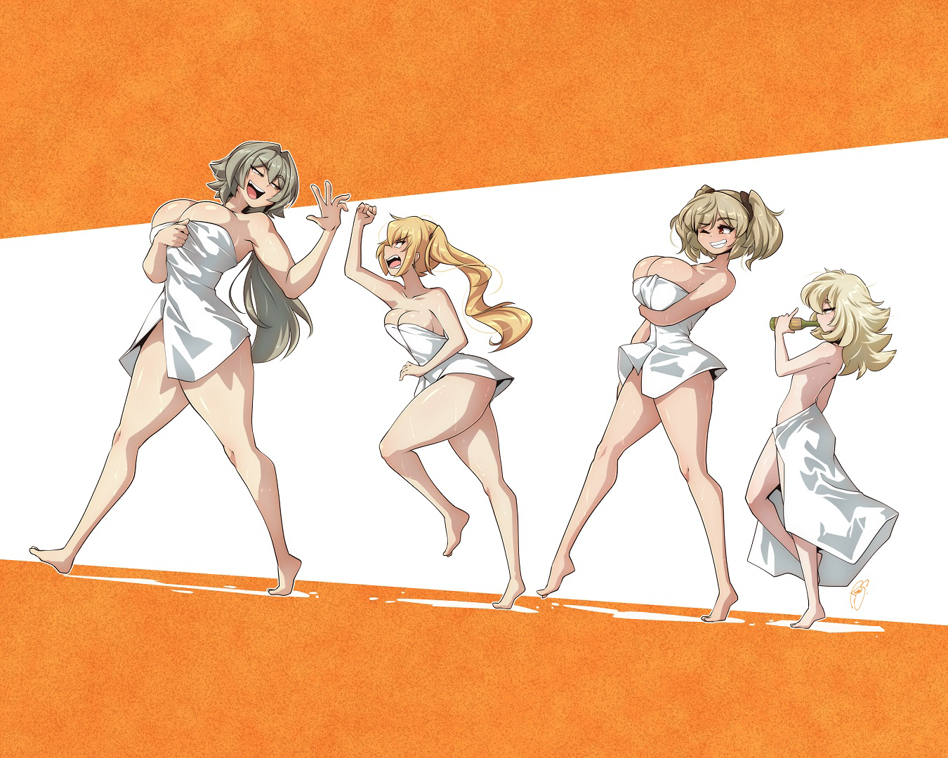 4girls blonde_hair bottle breasts brown_hair burnice_white caesar_king_(zenless_zone_zero) drinking green_hair holding holding_bottle large_breasts long_hair luciana_de_montefio medium_hair multiple_girls naked_towel one_eye_closed piper_wheel ryou_sakai short_hair small_breasts topless_female towel zenless_zone_zero