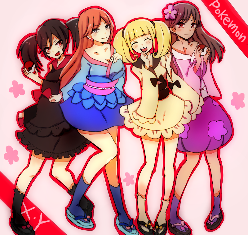4girls :d black_footwear black_hair black_kimono black_sash black_socks blonde_hair blue_footwear blue_kimono blue_socks blush bow brown_eyes brown_hair closed_eyes closed_mouth copyright_name dark-skinned_female dark_skin floral_print floral_print_kimono flower furisode furisode_girl_(pokemon) furisode_girl_blossom furisode_girl_kali furisode_girl_katherine furisode_girl_linnea grey_eyes hair_flower hair_ornament holding holding_poke_ball japanese_clothes kimono long_hair mazeru_(jisjifin) multiple_girls nintendo obi open_mouth orange_hair outline pink_flower pink_kimono pink_sash platform_sandals poke_ball poke_ball_(basic) pokemon pokemon_xy print_kimono purple_socks red_bow red_eyes red_outline sandals sash short_hair smile socks standing teeth twintails upper_teeth_only white_kimono white_socks