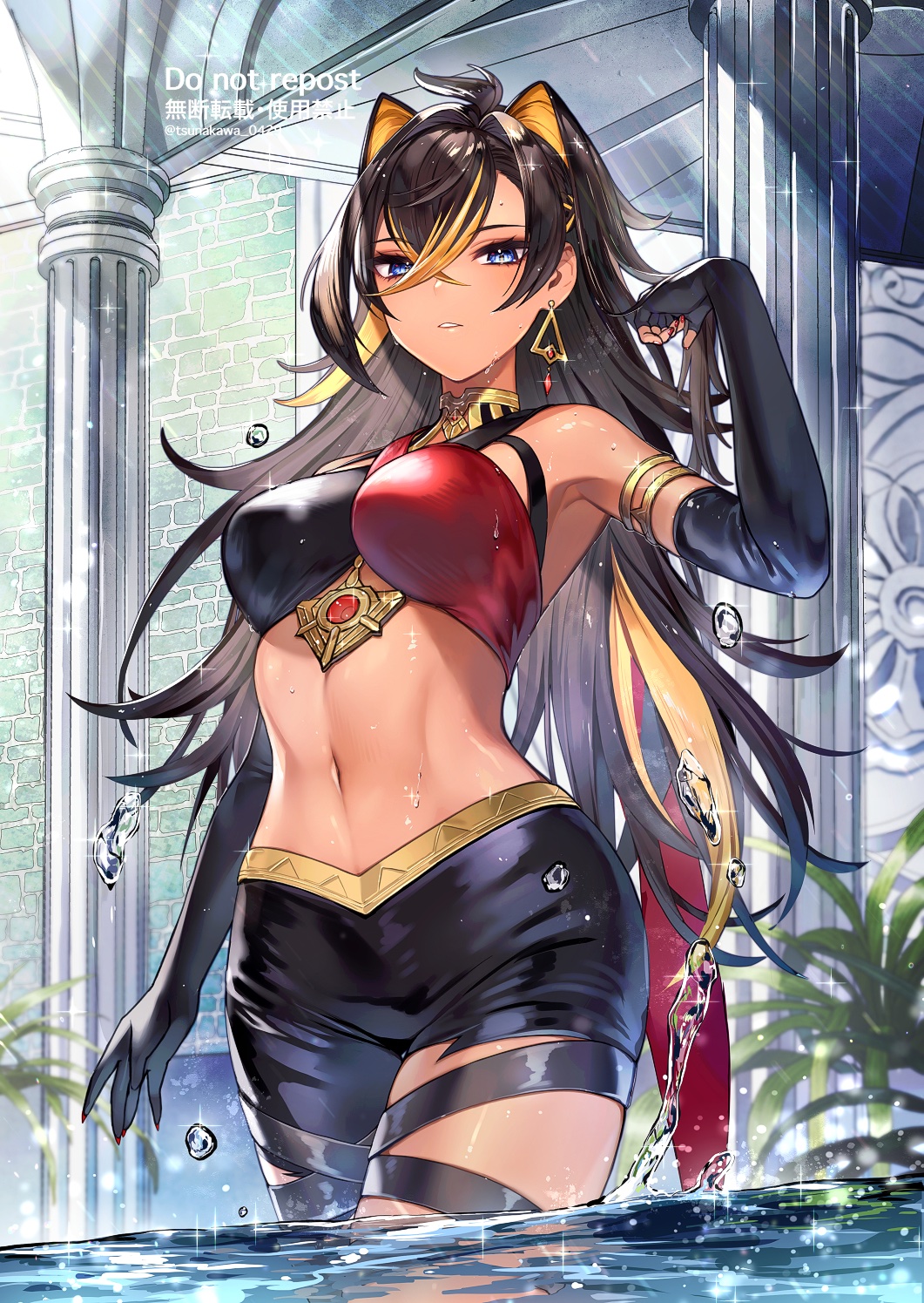 1girl ahoge armpits asymmetrical_clothes asymmetrical_gloves asymmetrical_legwear black_hair black_pants blonde_hair blue_eyes breasts cowboy_shot criss-cross_halter crop_top crossed_bangs dark-skinned_female dark_skin dehya_(genshin_impact) earrings elbow_gloves english_text fingerless_gloves floating_earring gem genshin_impact glint gloves hair_intakes halterneck highres jewelry looking_at_viewer medium_breasts mismatched_gloves multicolored_hair nail_polish navel neck_ring pants parted_lips pillar red_gemstone red_nails single_fingerless_glove single_pantsleg sleeveless solo sparkle standing stomach stone_wall streaked_hair thighs torn_clothes torn_pants tsunakawa twitter_username two-tone_hair wading wall water water_drop