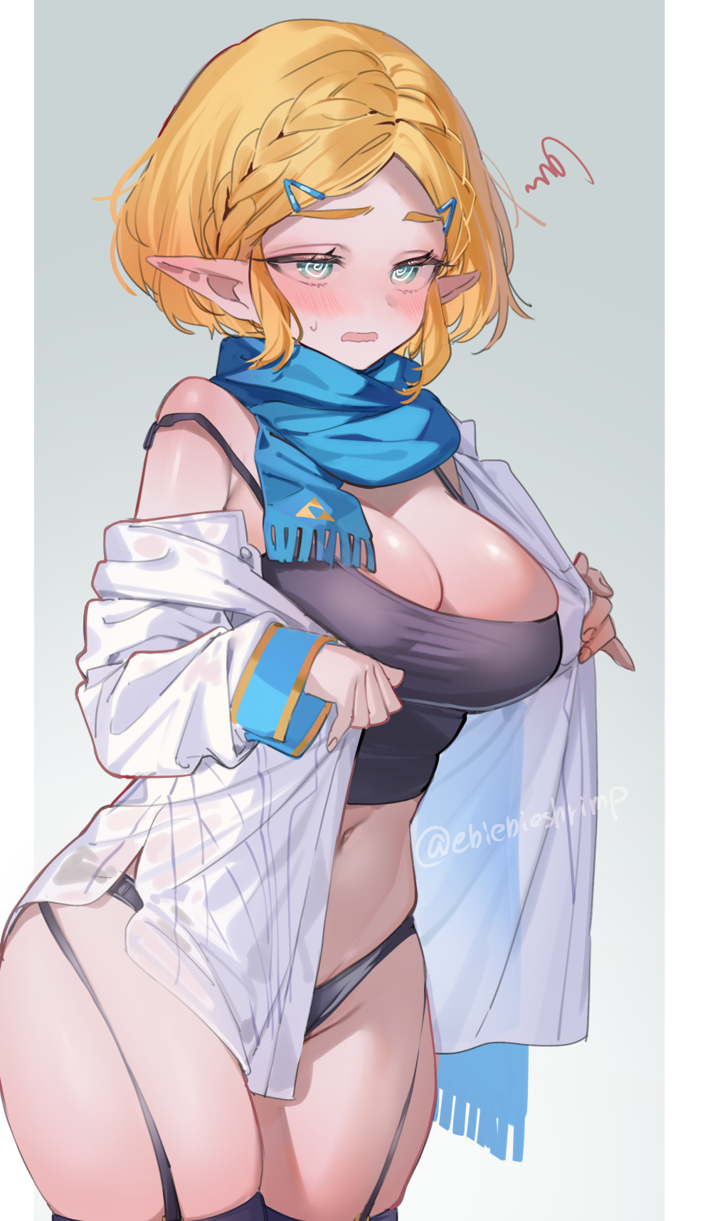 1girl @_@ alternate_costume black_camisole black_garter_straps black_panties black_thighhighs blonde_hair blue_scarf braid breasts camisole cleavage commentary_request crown_braid garter_straps green_eyes highres hot large_breasts navel nintendo open_clothes open_mouth open_shirt panties parted_bangs pointy_ears princess_zelda scarf shirt shuri_(84k) smile squiggle strap_slip the_legend_of_zelda the_legend_of_zelda:_tears_of_the_kingdom thighhighs triforce_print twitter_username underwear white_shirt