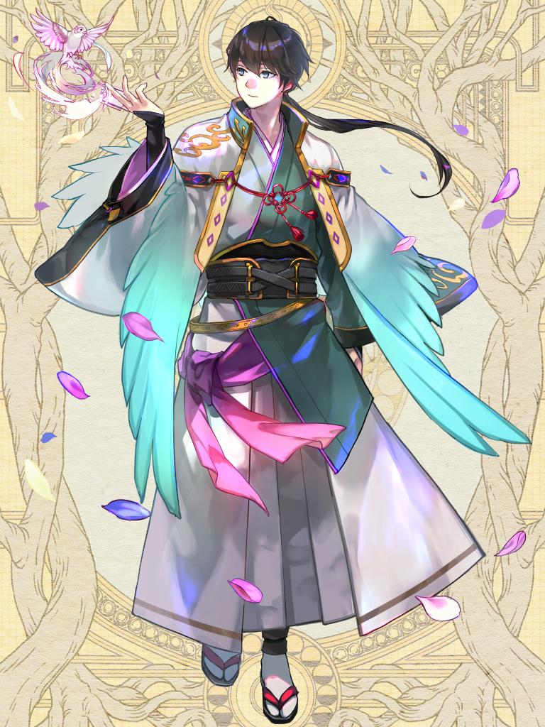 1boy aqua_capelet aqua_eyes arm_at_side belt bird black_arm_warmers black_belt black_sash capelet dairoku_ryouhei falling_petals flower_knot full_body gradient_capelet gradient_clothes green_kimono grey_hakama grey_kimono hair_between_eyes hakama hand_up japanese_clothes kimono light_smile long_hair long_sleeves looking_at_animal looking_to_the_side low_ponytail male_focus petals ponytail purple_sash sandals sash socks solo standing tabi tassel totsuki_aya two-tone_kimono white_capelet white_socks wide_sleeves wing_cape yellow_background yoyokokoyoyoko zouri
