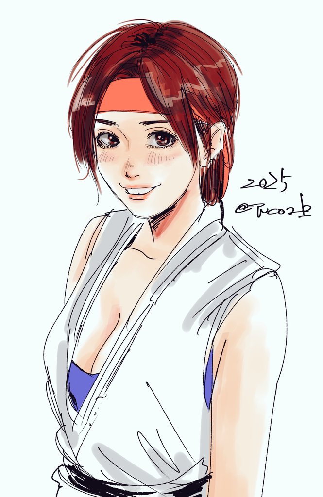 1girl braid breasts brown_eyes brown_hair cleavage dougi female_focus headband karate_gi long_hair looking_at_viewer medium_breasts pale_skin shirt sleeveless smile smiley_face the_king_of_fighters tucon_b yuri_sakazaki