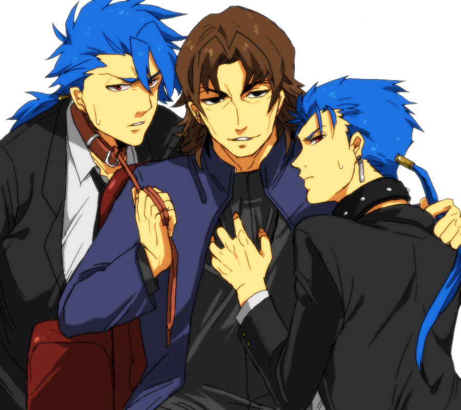 3boys 5_(femfamme) bad_id bad_pixiv_id blue_hair brown_eyes brown_hair cassock cheekbones collar cross cu_chulainn_(fate) cu_chulainn_(fate/prototype) cu_chulainn_(fate/stay_night) earrings fate/prototype fate/stay_night fate_(series) jewelry kotomine_kirei leash long_hair male_focus multiple_boys parted_bangs ponytail red_eyes yaoi