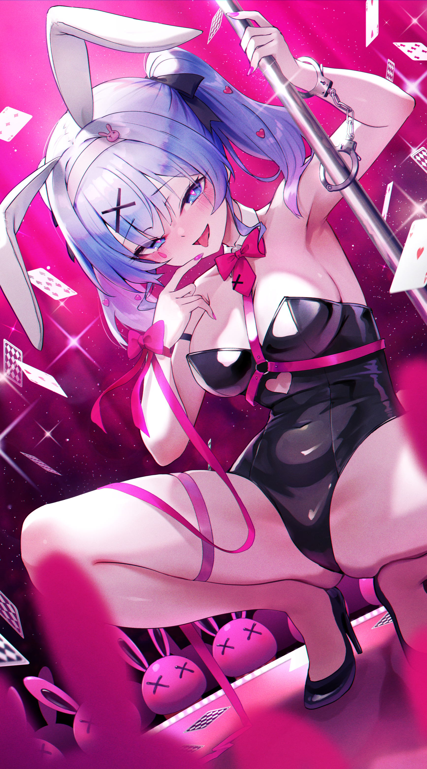 1girl :d absurdres ace_(playing_card) ace_of_hearts animal_ears arm_up armpits black_footwear black_leotard black_ribbon blue_eyes blue_hair blurry blurry_foreground bow bowtie breasts card clothing_cutout commentary covered_navel cuffs cutout_above_navel detached_collar full_body gradient_hair hair_ornament hair_ribbon hairband hand_to_own_mouth handcuffs hatsune_miku heart heart-shaped_pupils heart_cutout heart_hair_ornament high_heels highres kai_(esugi) leotard looking_at_viewer multicolored_hair nine_of_spades open_mouth pink_bow pink_bowtie pink_hair pink_nails pink_pupils playboy_bunny playing_card pole pumps rabbit_ears rabbit_hole_(vocaloid) ribbon seven_of_clubs smile squatting strapless strapless_leotard stripper_pole symbol-shaped_pupils teardrop_facial_mark thigh_strap three_of_diamonds three_of_hearts tongue tongue_out twintails two_of_hearts vocaloid white_hairband wrist_bow x_hair_ornament x_x