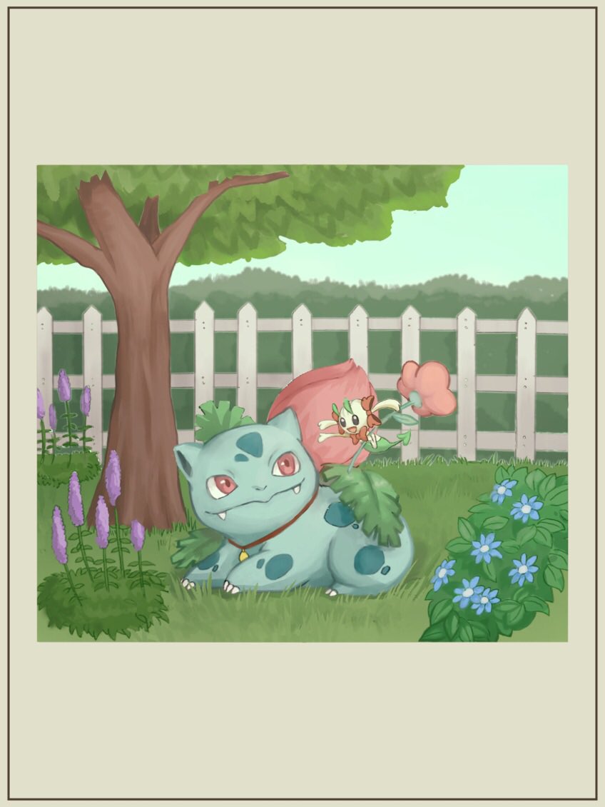 animal_focus blue_flower border claws closed_mouth collar commentary_request fangs fence flabebe flabebe_(red_flower) flower flower_request full_body gen_1_pokemon gen_6_pokemon ivysaur looking_at_another nintendo no_humans nostrils outdoors picket_fence pokemon purple_flower red_eyes tree white_border wooden_fence yamame_r
