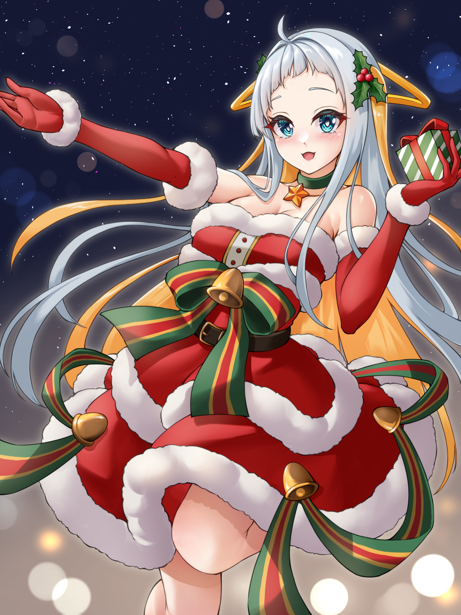 1girl ahoge bare_shoulders bell blue_eyes blush box breasts christmas cleavage collarbone dress duel_monster elbow_gloves fur-trimmed_dress fur_trim gift gift_box gloves grey_hair highres holding holding_gift jingle_bell lasolfachord_angelia medium_breasts multicolored_hair nobea open_mouth orange_hair red_gloves ribbon santa_claus santa_costume santa_dress smile solo strapless strapless_dress yu-gi-oh!