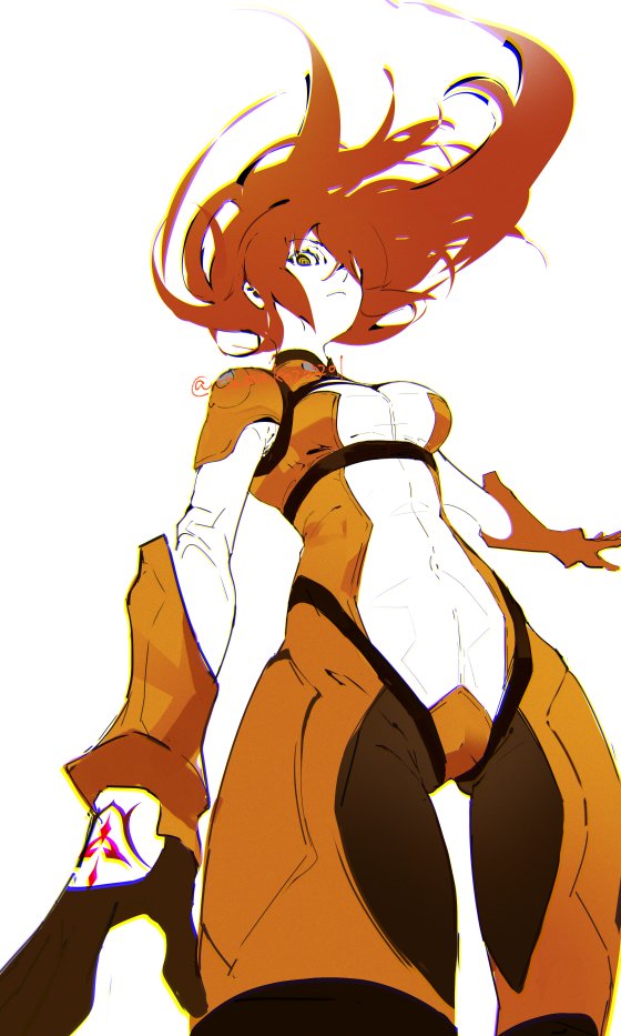 1girl bodysuit command_spell fate/grand_order fate_(series) floating_hair frown fujimaru_ritsuka_(female) fujimaru_ritsuka_(female)_(chaldea_combat_uniform) gloves hair_over_one_eye hanako_(onikutabetaiyo) light_frown orange_bodysuit orange_hair ringed_eyes shoulder_pads yellow_eyes