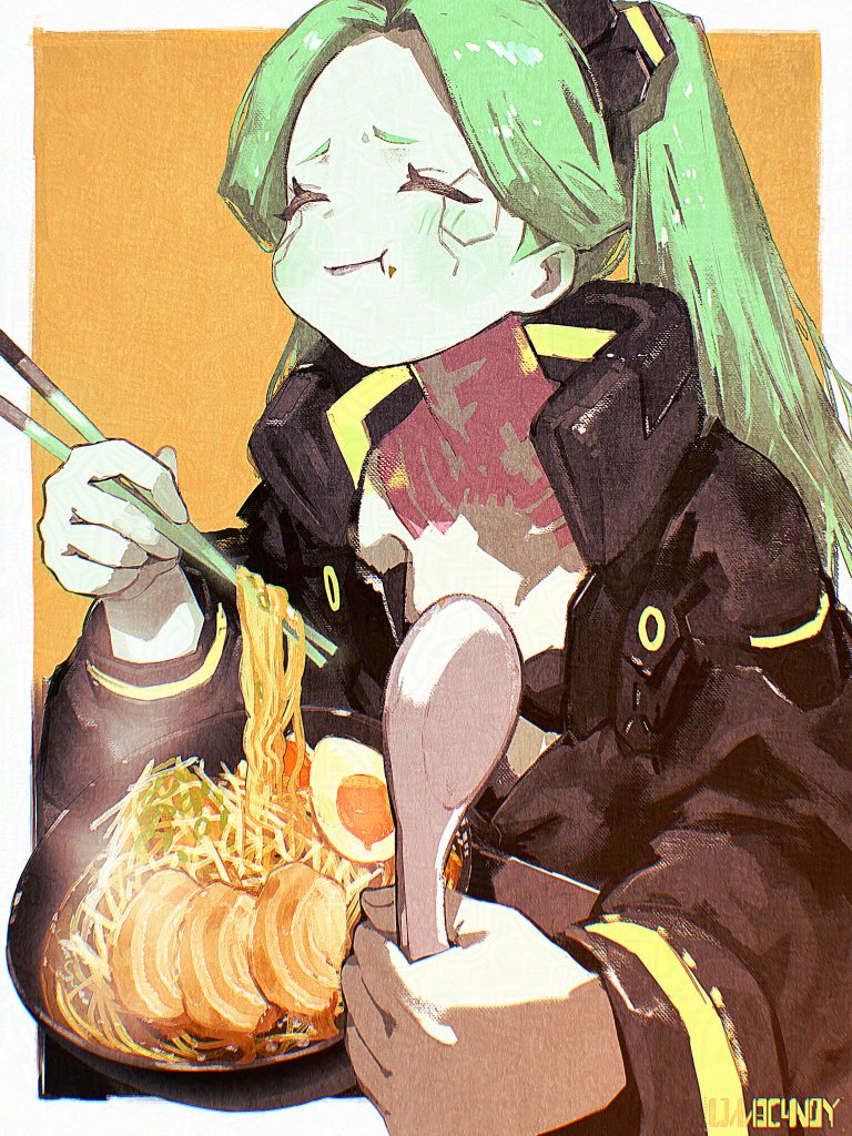 1girl artificial_eye black_bra blush bowl bra char-siu chopsticks closed_eyes colored_skin commentary_request cyberpunk_(series) cyberpunk_edgerunners cyborg eating egg_(food) food green_hair hardboiled_egg holding holding_chopsticks holding_spoon l1m3candy mechanical_eye neck_tattoo noodles pink_tattoo ramen rebecca_(cyberpunk) samurai_jacket_(cyberpunk) signature solo spoon strapless strapless_bra tattoo underwear upper_body white_skin