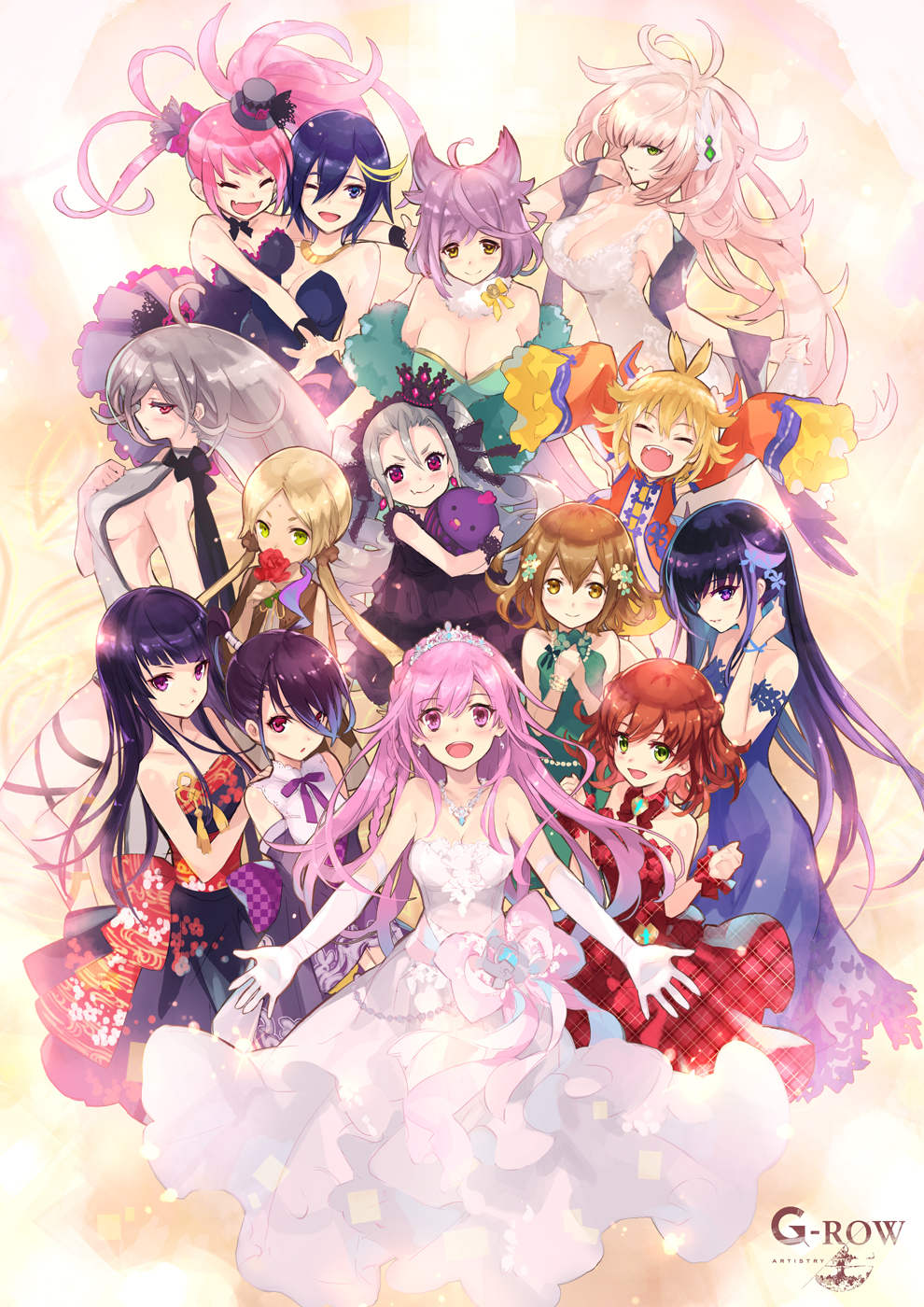 6+girls ;d ^_^ ahoge animal_ears aphrodite_(phantom_of_the_kill) artemis_(phantom_of_the_kill) ascalon_(phantom_of_the_kill) bare_shoulders black_hat blonde_hair breasts brown_eyes brown_hair closed_eyes closed_mouth commentary_request dress elbow_gloves flower forcas freikugel gloves green_dress green_eyes grimoire_(phantom_of_the_kill) hair_ornament hat highres holding holding_flower laevateinn_(phantom_of_the_kill) large_breasts light_blush long_hair longinus_(phantom_of_the_kill) looking_at_viewer masamune_(phantom_of_the_kill) medium_breasts medium_hair multicolored_hair multiple_girls muramasa_(phantom_of_the_kill) neck_ribbon off-shoulder_dress off_shoulder official_art one_eye_closed open_mouth parashu phantom_of_the_kill ponytail profile purple_dress purple_ribbon red_dress red_eyes red_flower red_hair red_rose ribbon rose second-party_source short_hair shu_(phantom_of_the_kill) sideboob sleeves_past_fingers sleeves_past_wrists smile standing streaked_hair stuffed_animal stuffed_toy teeth twintails tyrfing_(phantom_of_the_kill) upper_teeth_only vanargand_(phantom_of_the_kill) very_long_hair white_dress white_gloves wing_hair_ornament yellow_eyes