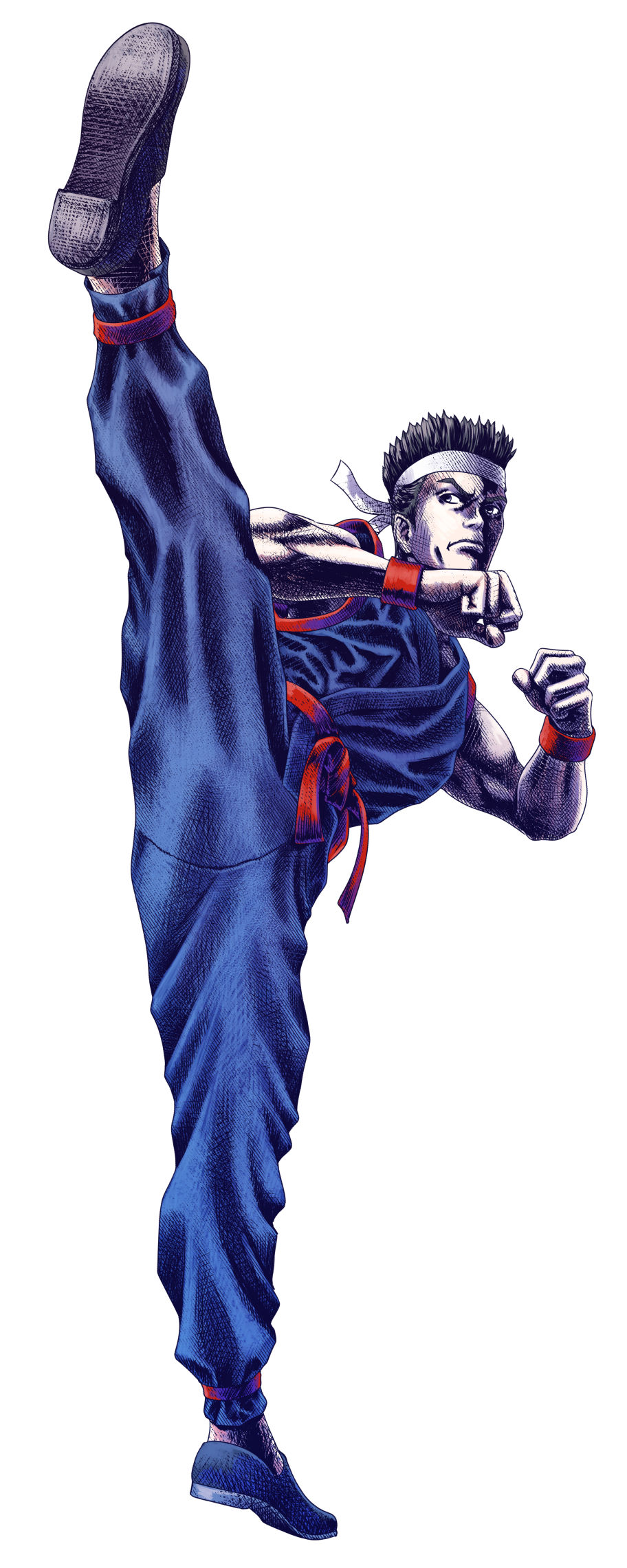 1boy bajiquan_(martial_arts) belt black_hair clenched_hands commentary_request dougi flats full_body headband high_kick highres horiki_yoichiro karate_gi kicking male_focus martial_arts_belt official_alternate_costume red_belt retro_artstyle sega solo spiked_hair standing standing_on_one_leg virtua_fighter white_background white_headband wristband yuki_akira