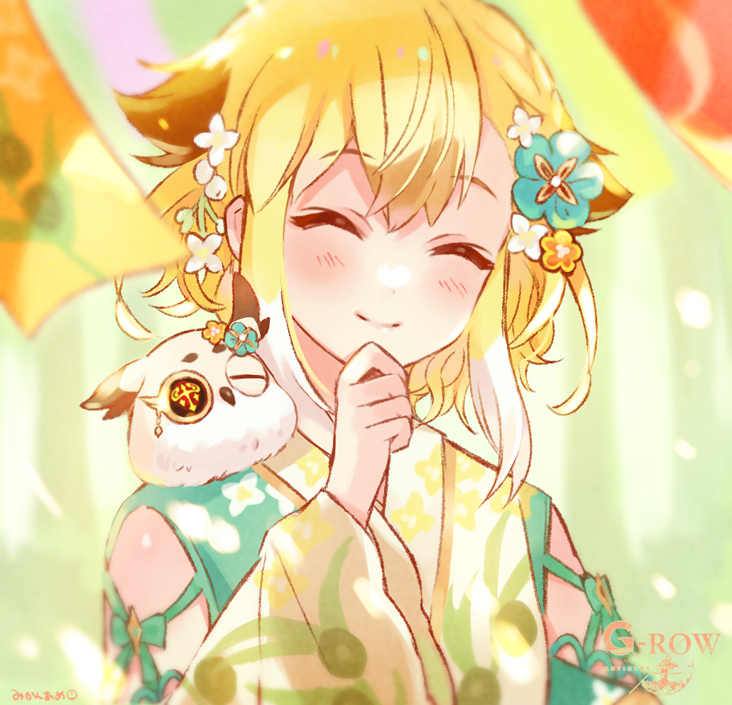 1girl ancient_killers_(phantom_of_the_kill) bird blonde_hair closed_eyes closed_mouth commentary_request day flower green_kimono hair_behind_ear hair_flower hair_ornament japanese_clothes kimono light_blush looking_at_viewer mikan_ame_(gumi) minerva_(phantom_of_the_kill) monocle official_art outdoors owl phantom_of_the_kill second-party_source sidelocks smile standing wind_chime yellow_kimono yukata