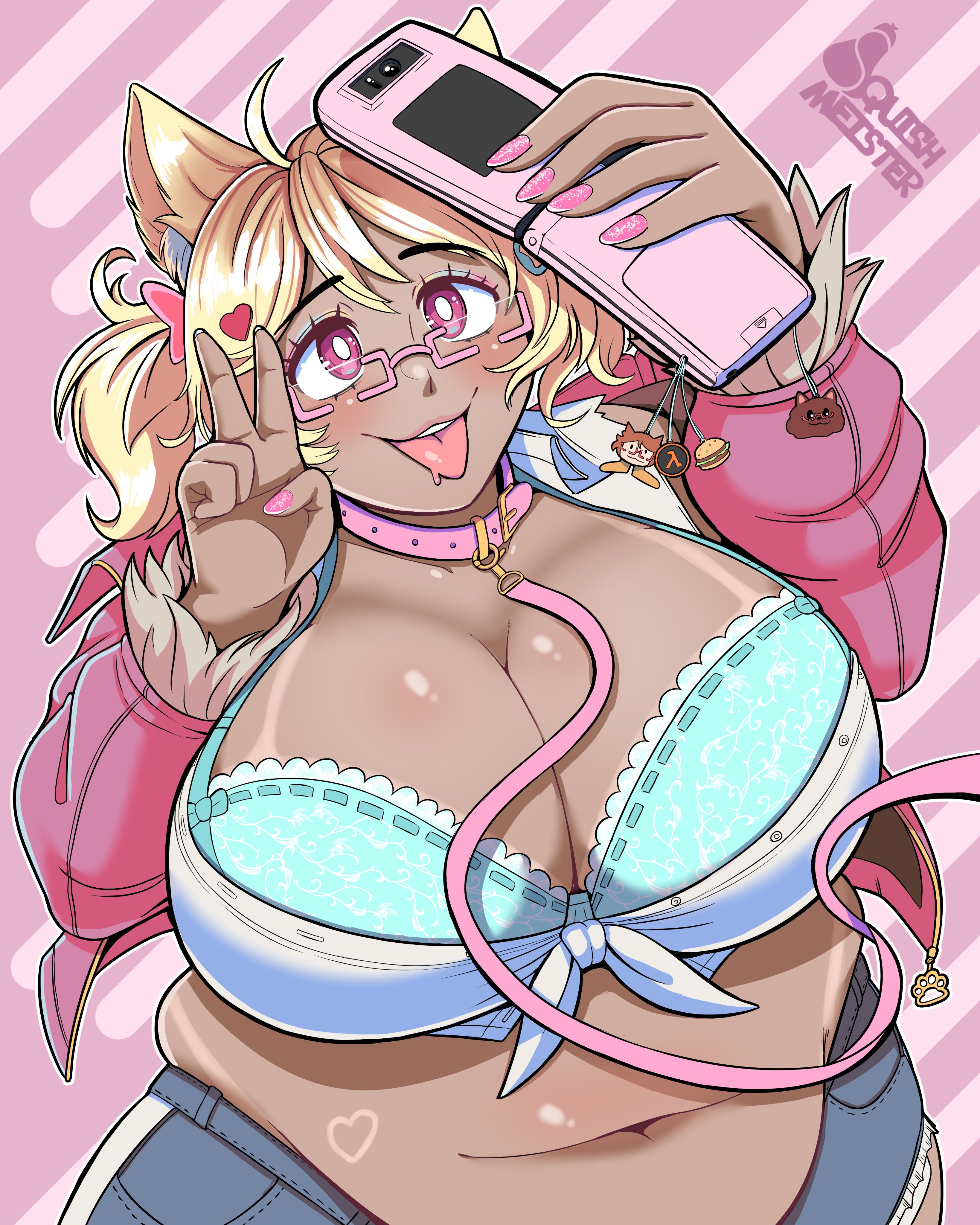 1girl absurdres animal_ear_fluff animal_ears belly belt_collar blonde_hair blue_bra blush bra breasts burger cellphone cellphone_charm charm_(object) cleavage collar crop_top cropped_jacket cutoffs dark-skinned_female dark_skin fat fat_woman flip_phone front-tie_top glasses gyaru hair_ornament heart heart_hair_ornament heart_tan highres huge_breasts indie_virtual_youtuber jacket leash midriff mint_castella navel open_clothes open_jacket open_mouth phone pink-framed_eyewear pink_eyes pink_jacket plump rectangular_eyewear selfie short_shorts short_twintails shorts smile solo squish_meister tan tanline tongue tongue_out twintails underwear v virtual_youtuber