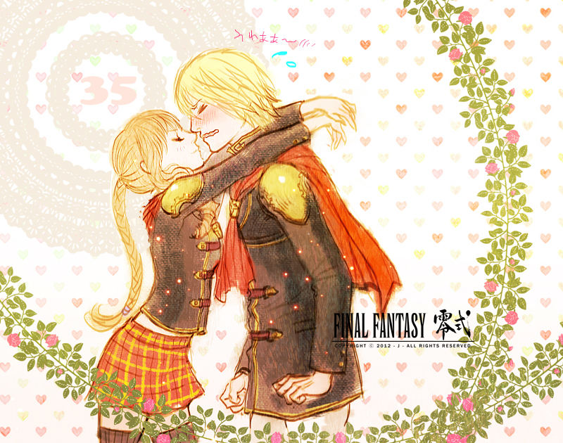 1boy 1girl ace_(fft-0) blonde_hair blush braid cape cinque_(fft-0) couple final_fantasy final_fantasy_type-0 hetero j_(onose1213) orange_hair plaid_clothes plaid_skirt scarf skirt thighhighs