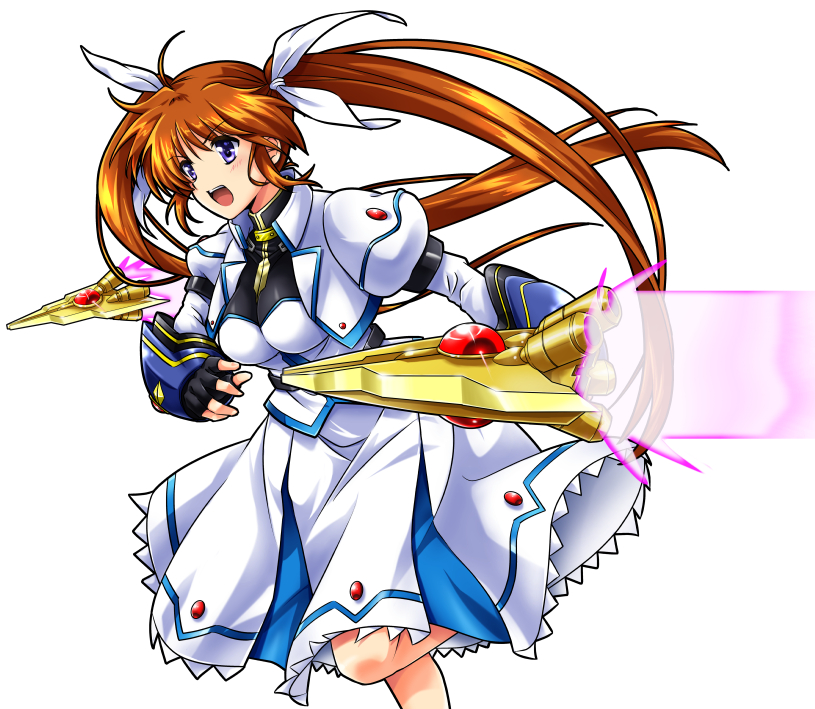 1girl black_gloves blouse bracer brown_hair commentary_request cropped_jacket fingerless_gloves gloves hair_ribbon jacket juliet_sleeves leg_up long_hair long_sleeves looking_to_the_side lyrical_nanoha magical_girl mahou_shoujo_lyrical_nanoha_strikers medium_skirt open_mouth puffy_sleeves purple_eyes raising_heart raising_heart_(blaster_bit) ribbon san-pon shirt simple_background skirt smile solo standing standing_on_one_leg takamachi_nanoha takamachi_nanoha_(exceed_mode) very_long_hair white_background white_jacket white_legwear white_shirt white_skirt
