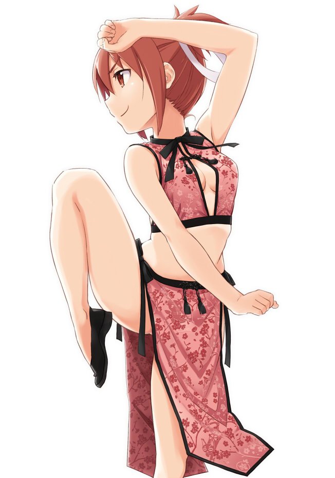 1girl black_footwear breasts chinese_clothes cleavage_cutout clenched_hands closed_mouth clothing_cutout commentary female_focus fighting_stance flats floral_print from_side hair_ribbon leg_up medium_skirt pelvic_curtain pink_shirt pink_skirt print_shirt red_eyes red_hair ribbon shikou_sakugo_(qqap9gt9k) shirt short_hair short_twintails simple_background skirt sleeveless sleeveless_shirt small_breasts smile solo standing standing_on_one_leg twintails white_background white_ribbon yuuki_yuuna yuuki_yuuna_wa_yuusha_de_aru yuusha_de_aru