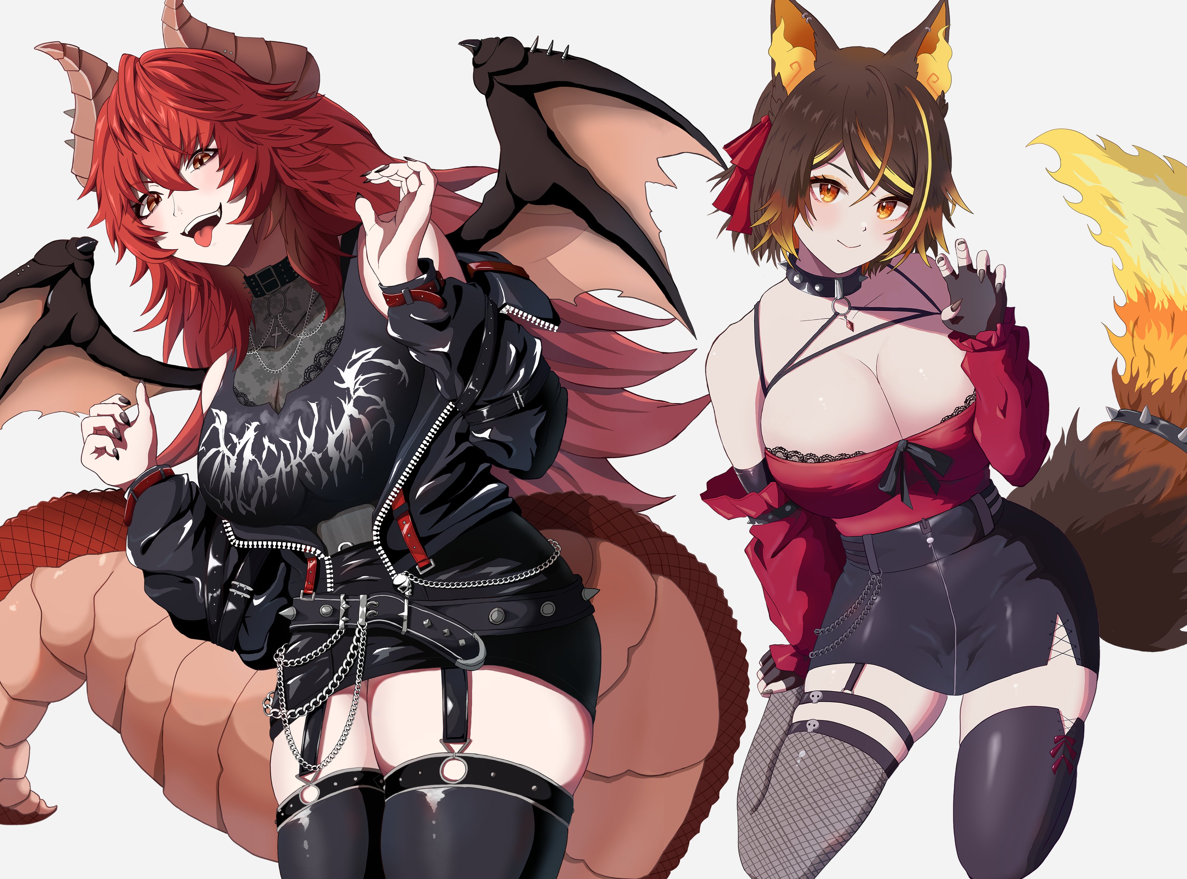 2girls absurdres animal_ear_fluff animal_ears black_collar black_gloves black_jacket black_nails black_skirt black_thighhighs blonde_hair breasts brown_hair character_name claw_pose cleavage closed_mouth clothes_writing collar dragon_girl dragon_horns dragon_tail dragon_wings fingerless_gloves fishnet_thighhighs fishnets gloves highres horns indie_virtual_youtuber jacket large_breasts long_hair looking_at_viewer maibinillust multicolored_hair multiple_girls nail_polish open_mouth orange_eyes red_hair short_hair sinder_(vtuber) sinder_(vtuber)_(old_design) skirt smile spiked_collar spikes streaked_hair tail thighhighs tongue tongue_out virtual_youtuber vshojo wings wolf_ears wolf_girl wolf_tail zentreya zentreya_(dragon) zentreya_(dragon)_(metalheads)