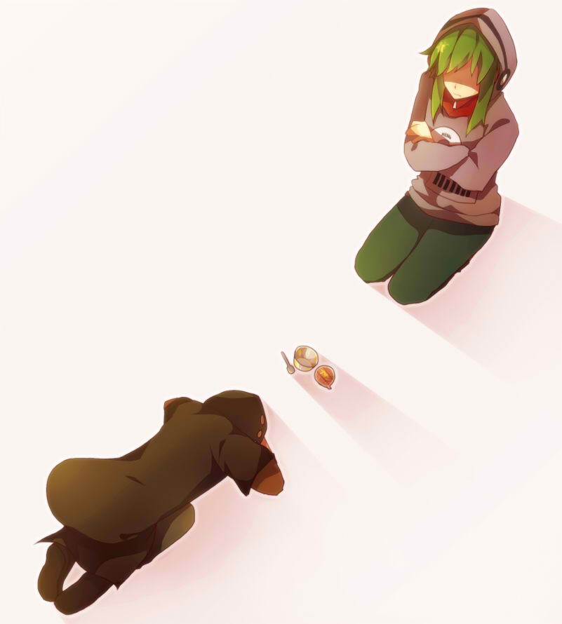 1boy 1girl aka_tonbo_(lililil) bowing crossed_arms dogeza food green_hair hood hoodie ice_cream kagerou_project kano_shuuya kido_tsubomi kneeling long_hair pudding seiza sitting vocaloid