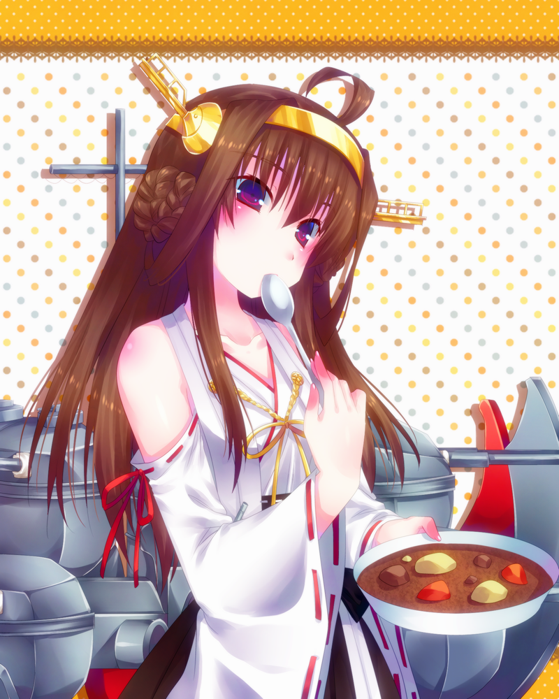 10s 1girl ahoge bad_id bad_pixiv_id brown_hair curry detached_sleeves door_to_heaven female_focus food hairband japanese_clothes kantai_collection kongou_(kancolle) long_hair machinery nontraditional_miko purple_eyes ship_turret solo spoon utensil_in_mouth wide_sleeves