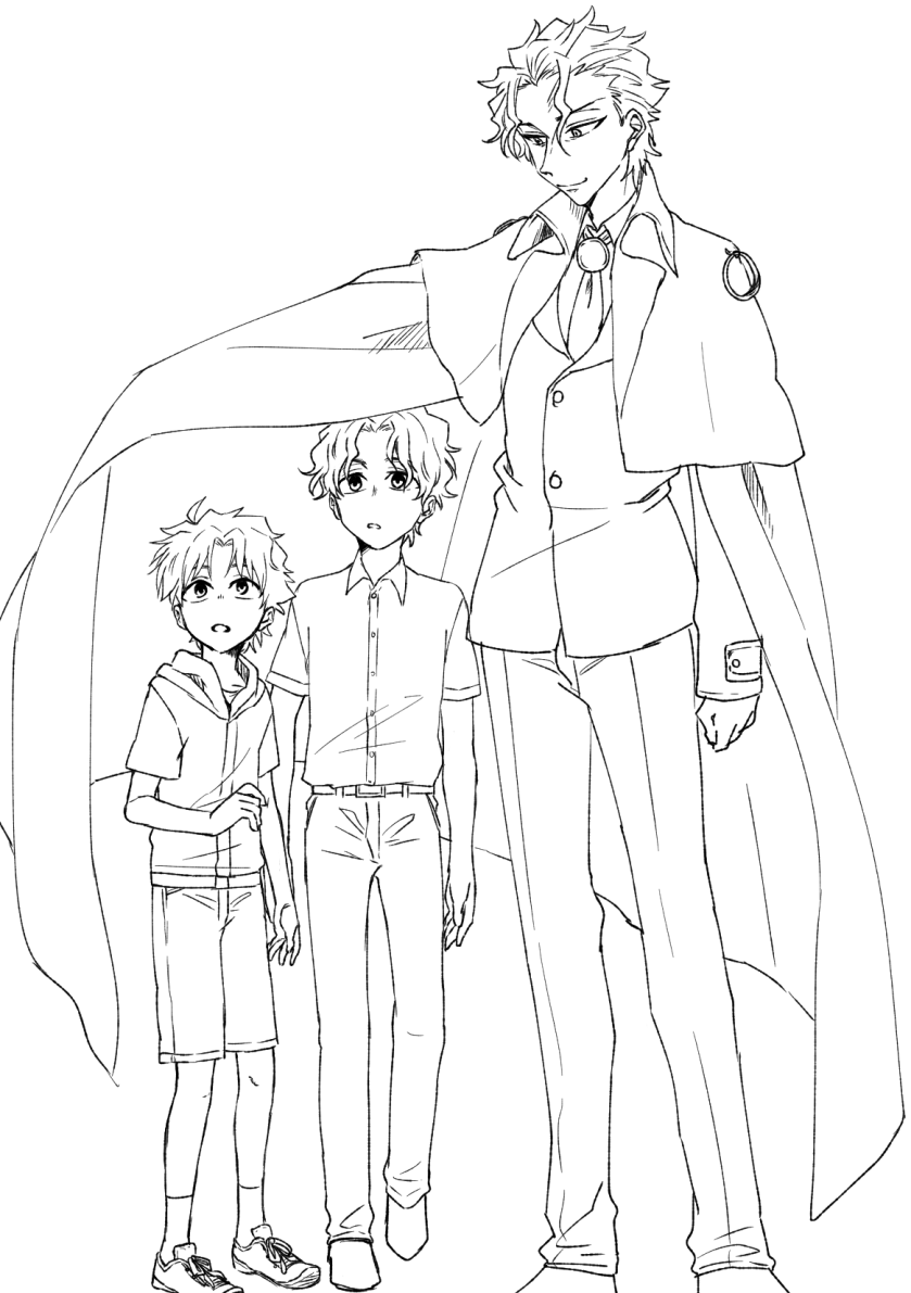 3boys aged_down ahoge brothers capelet child fate/stay_night fate/zero fate_(series) greyscale hood hoodie jacket matou_byakuya matou_kariya matou_kariya_(original_appearance) matou_zouken monochrome multiple_boys necktie ronpaxronpa short_hair shorts siblings time_paradox vest wavy_hair