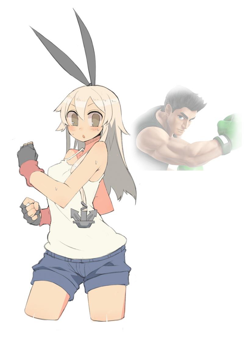 1girl alternate_costume anchor_hair_ornament bare_shoulders black_gloves black_hair blonde_hair blue_shorts blush boxing_gloves breasts camisole commentary_request cropped_legs fingerless_gloves gloves hair_between_eyes hair_ornament harau kantai_collection little_mac long_hair nintendo parted_lips punch-out!! reference_inset shimakaze_(kancolle) short_shorts shorts simple_background sleeveless small_breasts super_smash_bros. sweat white_background white_camisole
