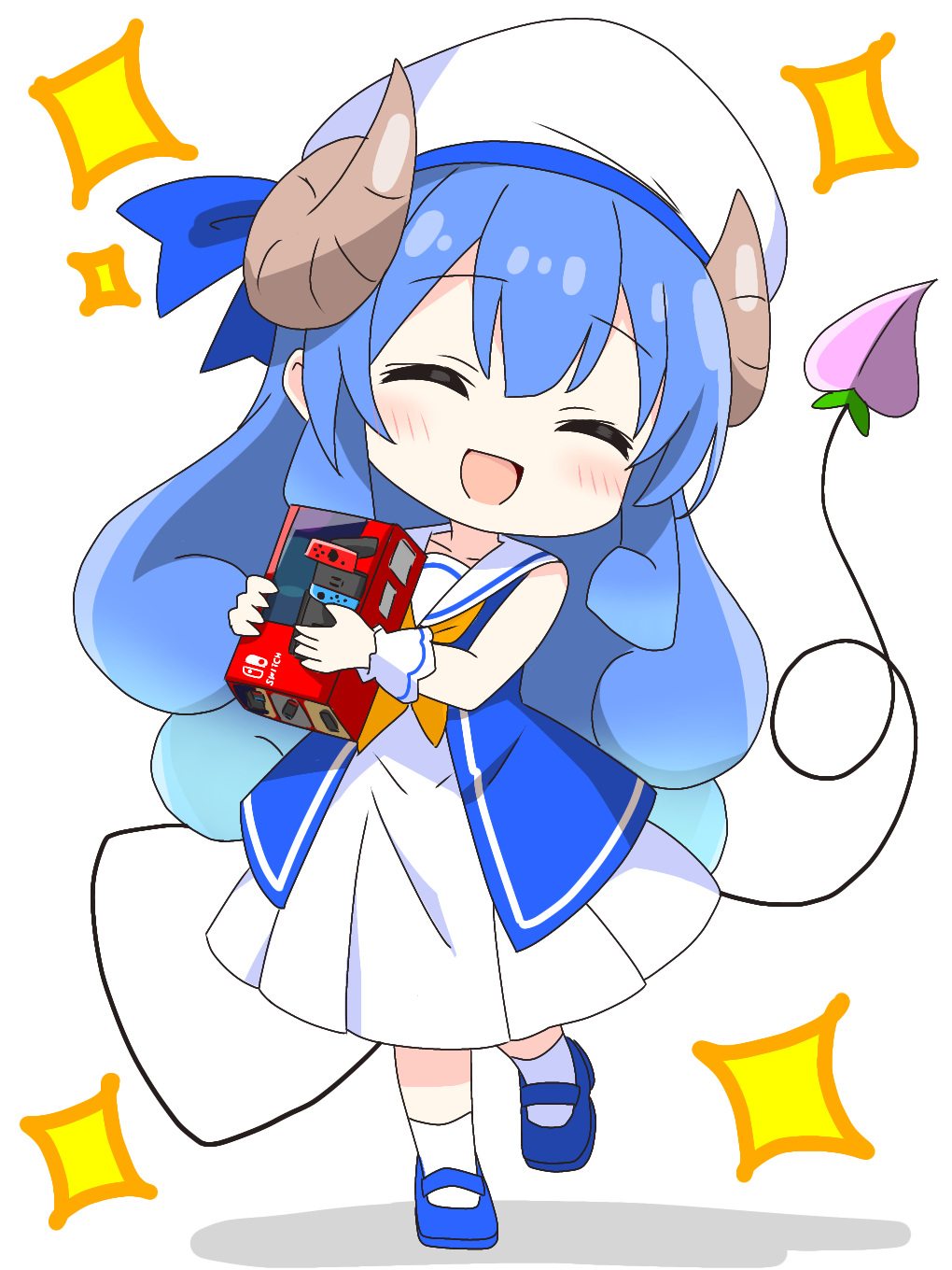 1girl :d ^_^ alternate_hair_color bare_shoulders blue_dress blue_hair blue_ribbon blue_shoes blush brown_horns closed_eyes commentary_request curled_horns curly_hair demon_girl demon_tail dress full_body hat hat_ribbon highres holding horns kotatsu-mazoku lilith_(machikado_mazoku) lilith_(machikado_mazoku)_(homunculus) long_hair looking_at_viewer machikado_mazoku mary_janes neckerchief nintendo_switch open_mouth ribbon sailor_collar sailor_dress shoes sidelocks simple_background sleeveless sleeveless_dress smile socks solo sparkle standing tail white_background white_hat white_sailor_collar white_socks yellow_neckerchief