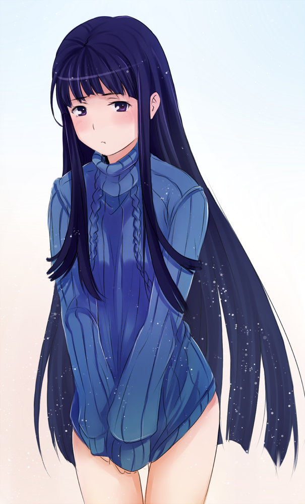 1girl black_hair blush clothes_tug covering_crotch covering_privates drawfag female_focus himegami_aisa long_hair naked_sweater purple_eyes ribbed_sweater sidelocks solo sweater sweater_tug toaru_kagaku_no_railgun toaru_majutsu_no_index turtleneck