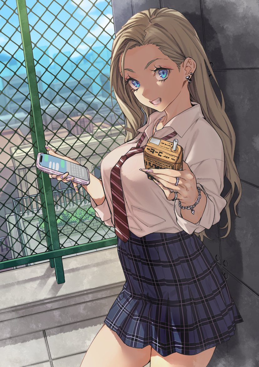 1girl blonde_hair blue_eyes blue_skirt blue_sky cellphone chain chain-link_fence chain_bracelet clenched_teeth collared_shirt commentary_request diagonal-striped_clothes diagonal-striped_necktie fence fingernails holding holding_carton holding_phone jewelry juice_carton long_fingernails looking_at_viewer multiple_rings necktie open_mouth original phone pink_nails plaid_clothes plaid_skirt red_necktie ring saeki_shun school_uniform shirt skirt sky smartphone smile solo standing striped_clothes teeth white_shirt