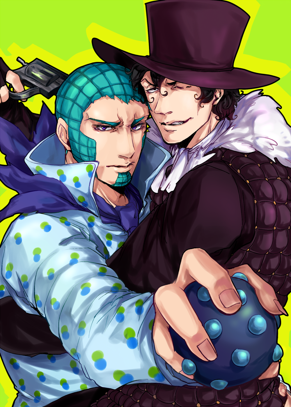 2boys aqua_hair bad_id bad_pixiv_id ball black_hair cafemoka-septro gun handgun hat highres jojo_no_kimyou_na_bouken magenta_magenta multiple_boys revolver steel_ball_run weapon wekapipo
