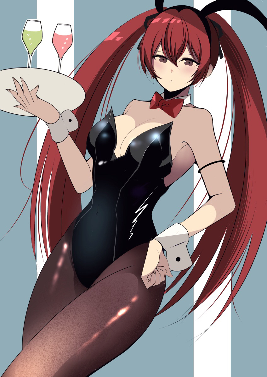 1girl animal_ears bare_shoulders black_leotard bow bow_choker breasts choker cleavage cup drinking_glass fake_animal_ears fe135700 fire_emblem fire_emblem_fates hair_between_eyes hand_on_own_hip highres holding holding_tray large_breasts leotard long_hair looking_at_viewer nintendo pantyhose playboy_bunny rabbit_ears red_bow red_eyes red_hair selena_(fire_emblem_fates) simple_background solo strapless strapless_leotard tray twintails very_long_hair wrist_cuffs